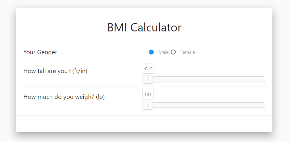 BMI-laskurin käyttöliittymä – sisältää sukupuolen valinnan, pituuden ja painon liukusäätimet sekä selkeän käyttöliittymän, jonka Materialize tukee.