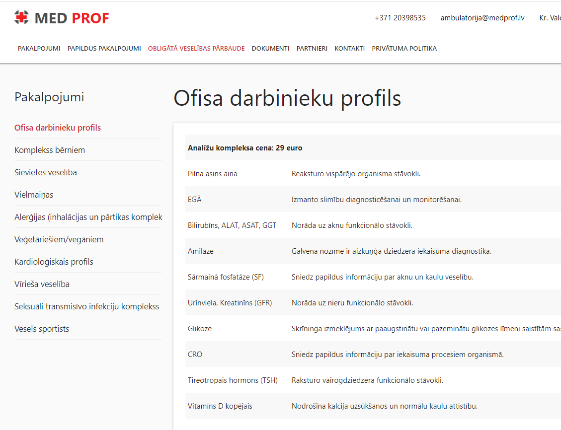 Lisäpalvelusivu: Ofisa darbinieku profils, jossa jäsennellyt laboratoriotestit ja kuvaukset.