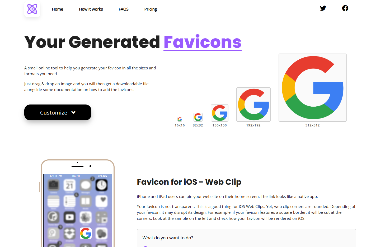 Tulossivu, joka näyttää favicon-esikatseluja useissa resoluutioissa ja reaaliaikaisen esikatselun iOS:ssä.