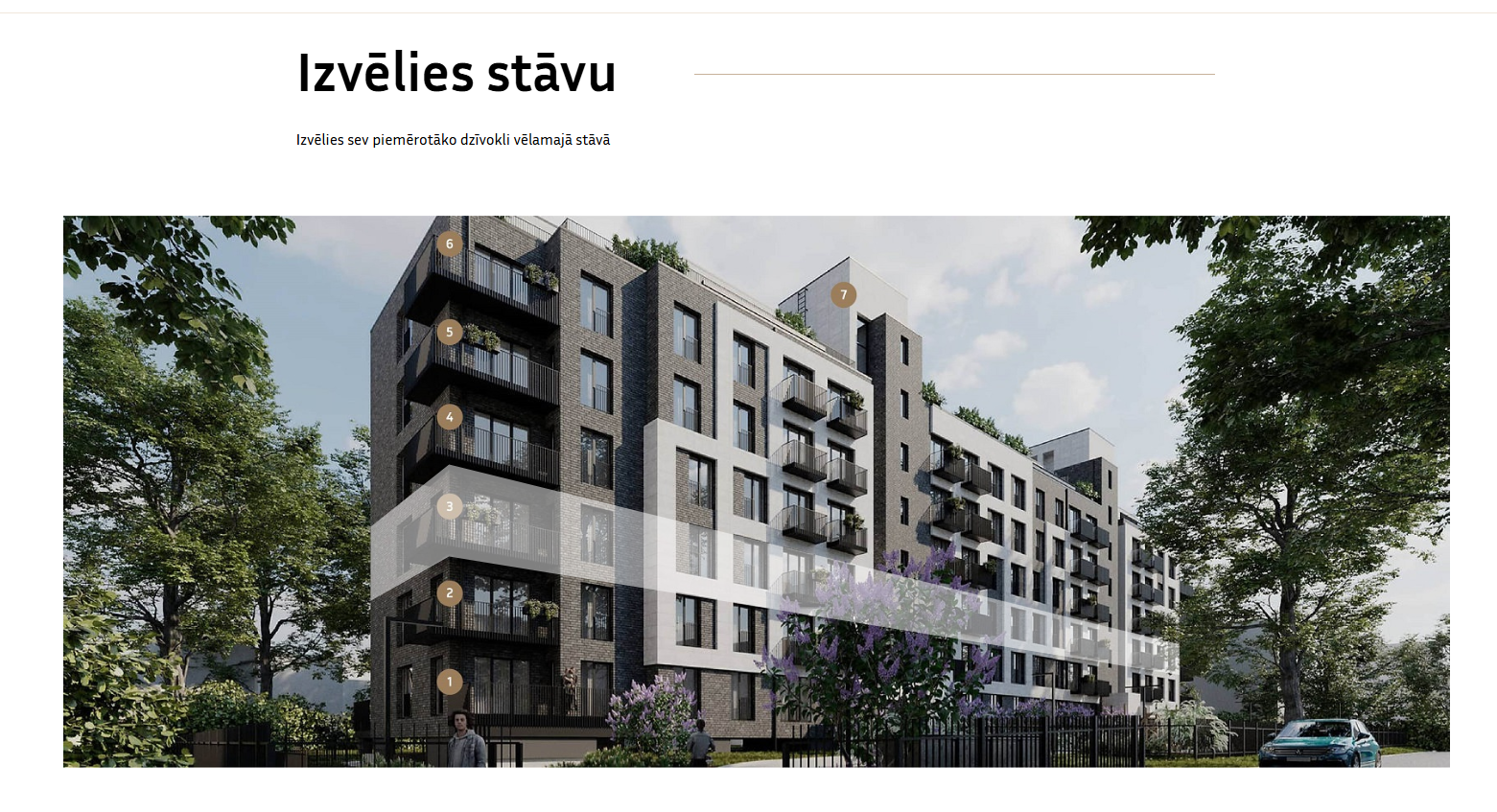 Kerrosvalintanäkymä interaktiivisella rakennuskuvalla ja numeroiduilla tasoilla.