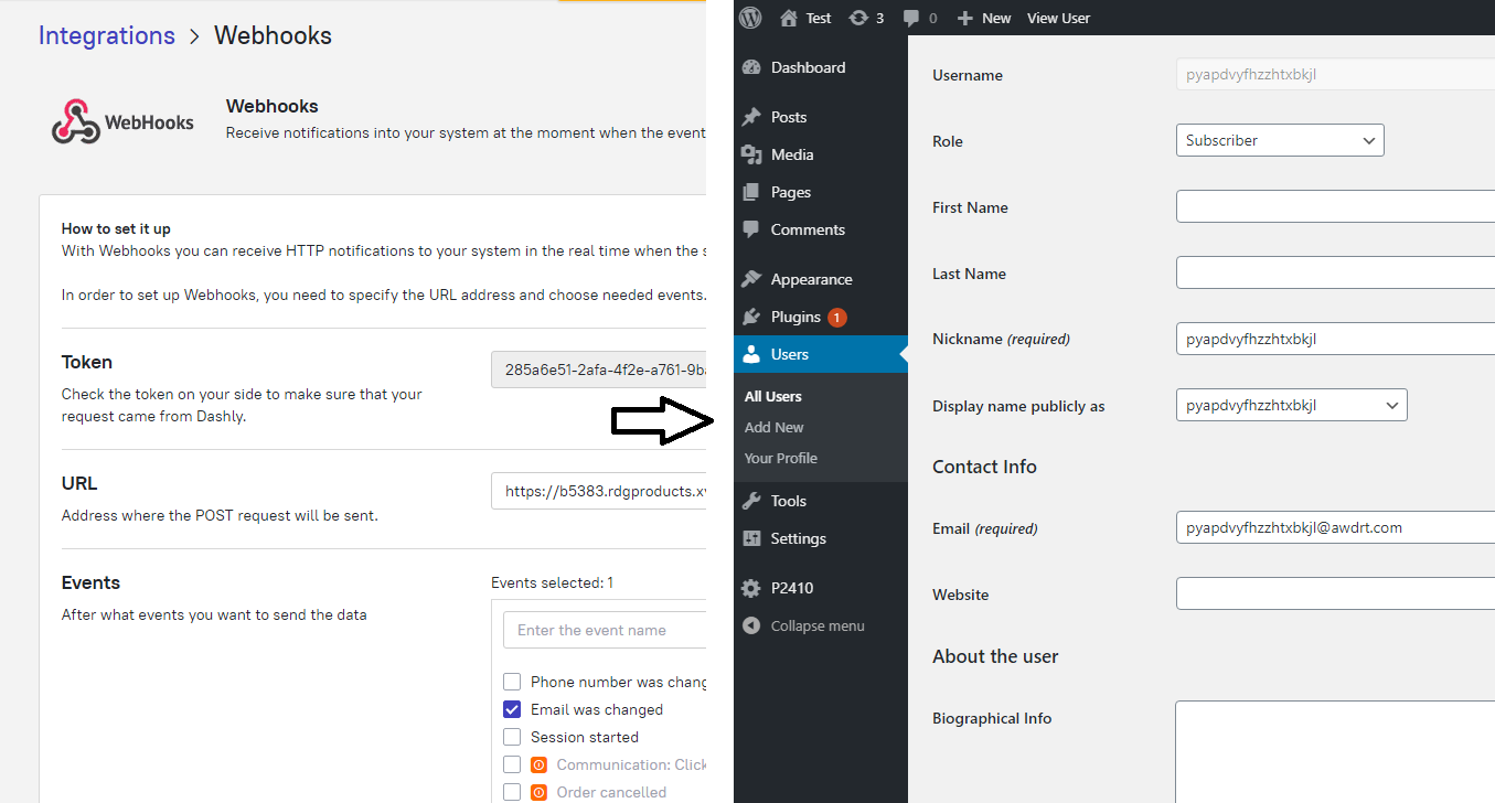 Webhook Dashlystä laukaisee automaattisen WordPress-tilin luomisen - testikäyttäjä luotu sähköpostin antamisen jälkeen chatbotissa.